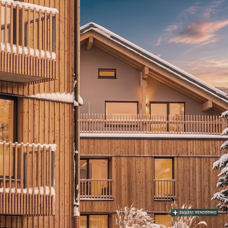 KI-Rendering: zwei holzverkleidete Gebäude im Winter