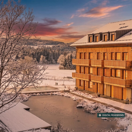 KI-Rendering: schneebedecktes Aparthotel an einem Teich