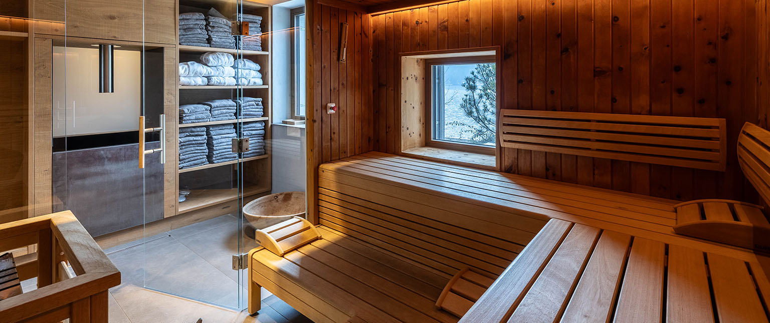 Innenansicht der Sauna mit Glastüre und Regal davor