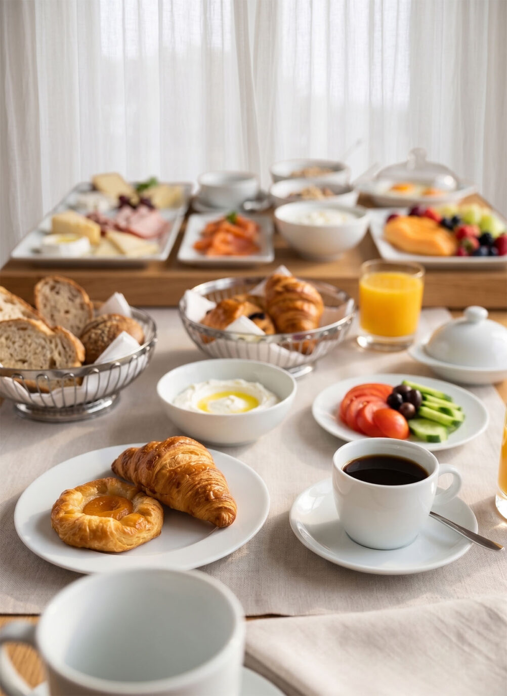 Frühstück mit Kaffe, Gebäck, Obst, Yoghurt, Brot, Aufschnitt