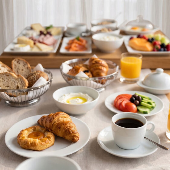 Frühstück mit Kaffe, Gebäck, Obst, Yoghurt, Brot, Aufschnitt