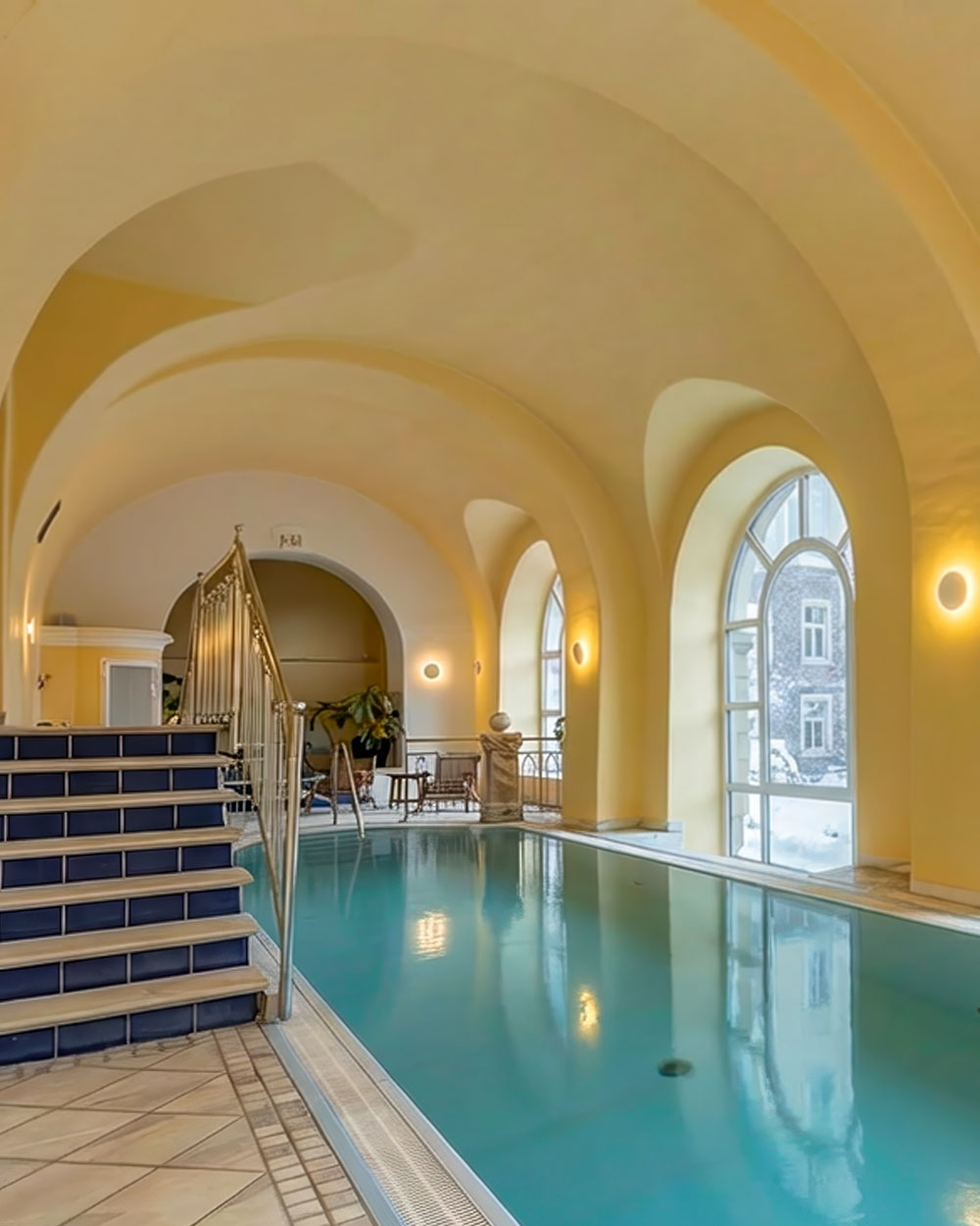 Indoor Schwimmbad, gelbe Halle und Gewölbe